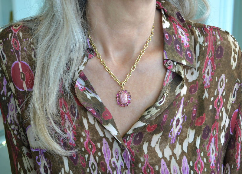 Sole - Pendant with Rhodochrosite and Pink Tourmaline, 18k Yellow Gold