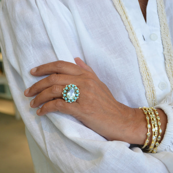Sole - Ring with Sky Blue Topaz, Turquoise and Diamonds, 18k Yellow Gold