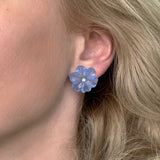 Fiori - Small Button Earrings with Blue Chalcedony and Diamonds, 18k Yellow Gold