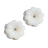 Fiori - Small Button Earrings with White Agate and Diamonds, 18k Yellow Gold