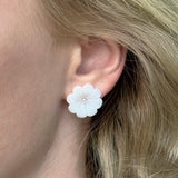 Fiori - Small Button Earrings with White Agate and Diamonds, 18k Yellow Gold