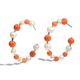 Joy - 48 mm Hoop Earrings with White Pearls and Natural Red Corals, 18k Yellow Gold