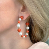 Joy - 48 mm Hoop Earrings with White Pearls and Natural Red Corals, 18k Yellow Gold