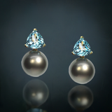 Bonbon - Drop Earrings with Blue Topaz and Black Tahitian Pearls, 18k Yellow Gold