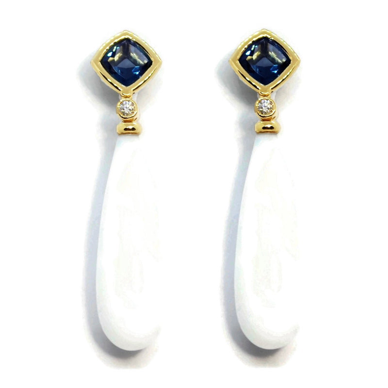 Gaia - Drop Earrings with London Blue Topaz, Diamonds and White Agate, 18k Yellow Gold