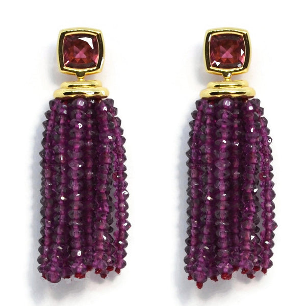 Gaia - Drop Tassel Earrings with Pink Tourmaline and Rhodolite Garnet, 18k Yellow Gold