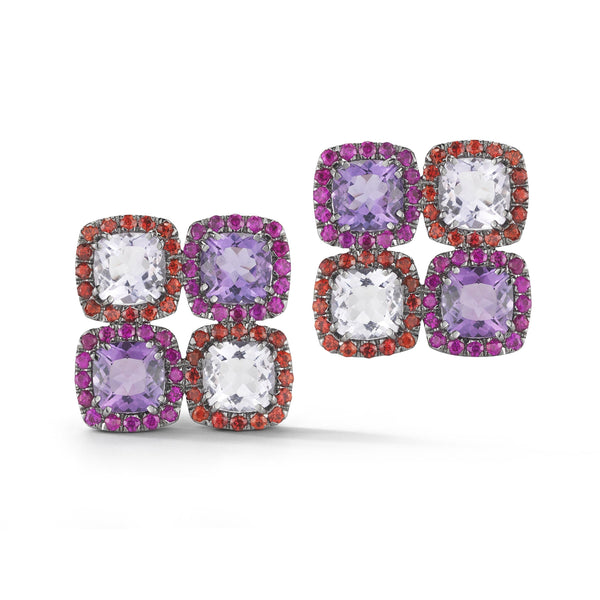 A & Furst - Dynamite - Cluster Earrings with Rose de France, Amethyst, Orange Sapphires and Rubies, 18k Blackened Gold
