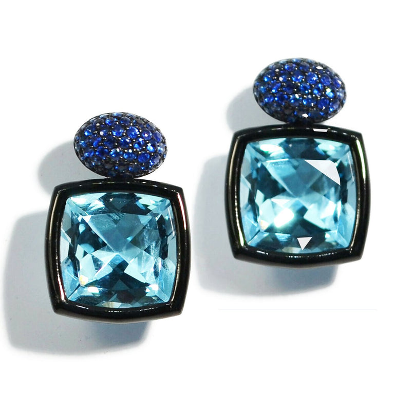 A & Furst - Gaia - Drop Earrings with Blue Topaz and Sapphires, Blackened Silver and 18k Yellow Gold