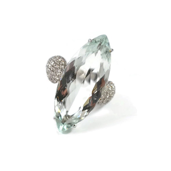 Fleur de Lys - One of a Kind Cocktail Ring with Aquamarine and Diamonds, 18k White Gold