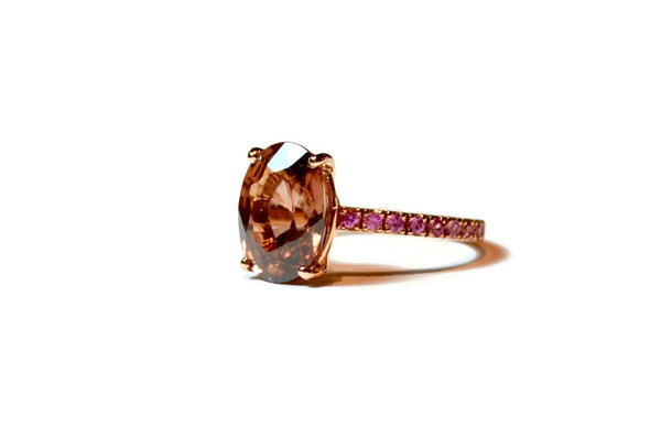 France - Ring with Peach Zircon and Pink Sapphires, 18k Rose Gold