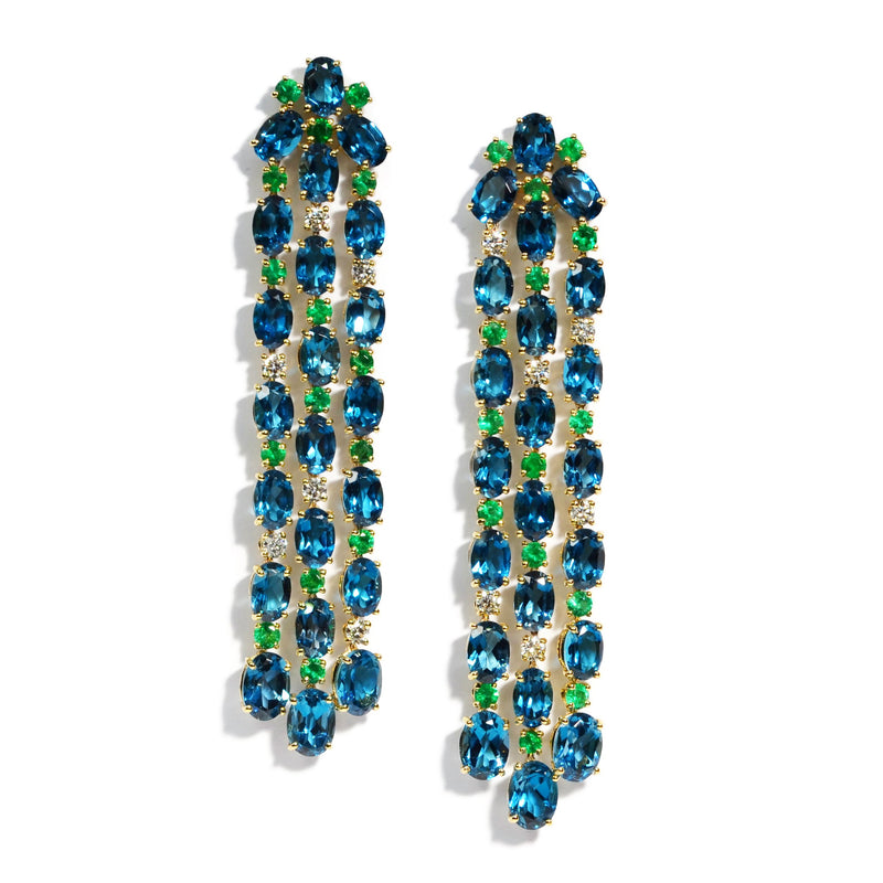 Nightlife - Chandelier Earrings with London-Blue-Topaz, Emeralds and Diamonds, 18k Yellow Gold