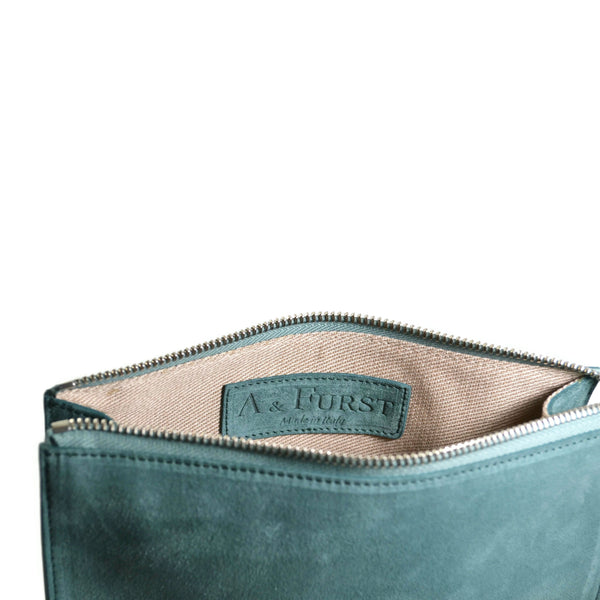 A & Furst - Medium Pouch - Handbag, Teal Green Color Suede Leather