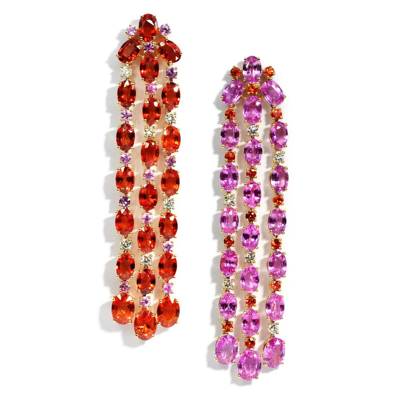 Nightlife - Mismatched Chandelier Earrings with Pink Sapphires, Orange Sapphires and Diamonds, 18k Yellow Gold