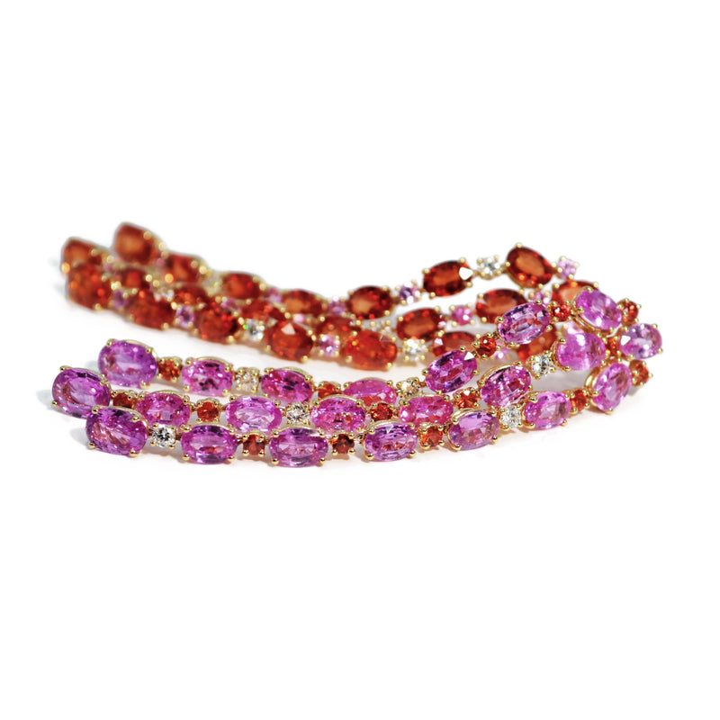 Nightlife - Mismatched Chandelier Earrings with Pink Sapphires, Orange Sapphires and Diamonds, 18k Yellow Gold