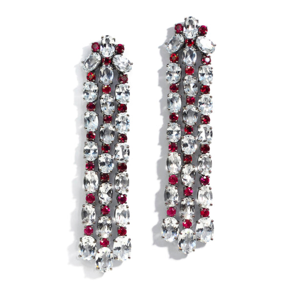 Nightlife - Chandelier Earrings with White Topaz and Rubies, 18k Blackened Gold