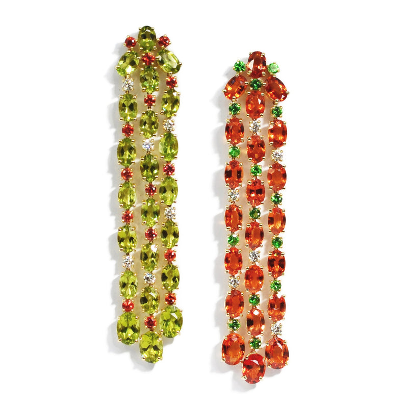 Nightlife - Mismatched Chandelier Earrings with Orange Sapphires, Peridot, Tsavorite and Diamonds, 18k Yellow Gold