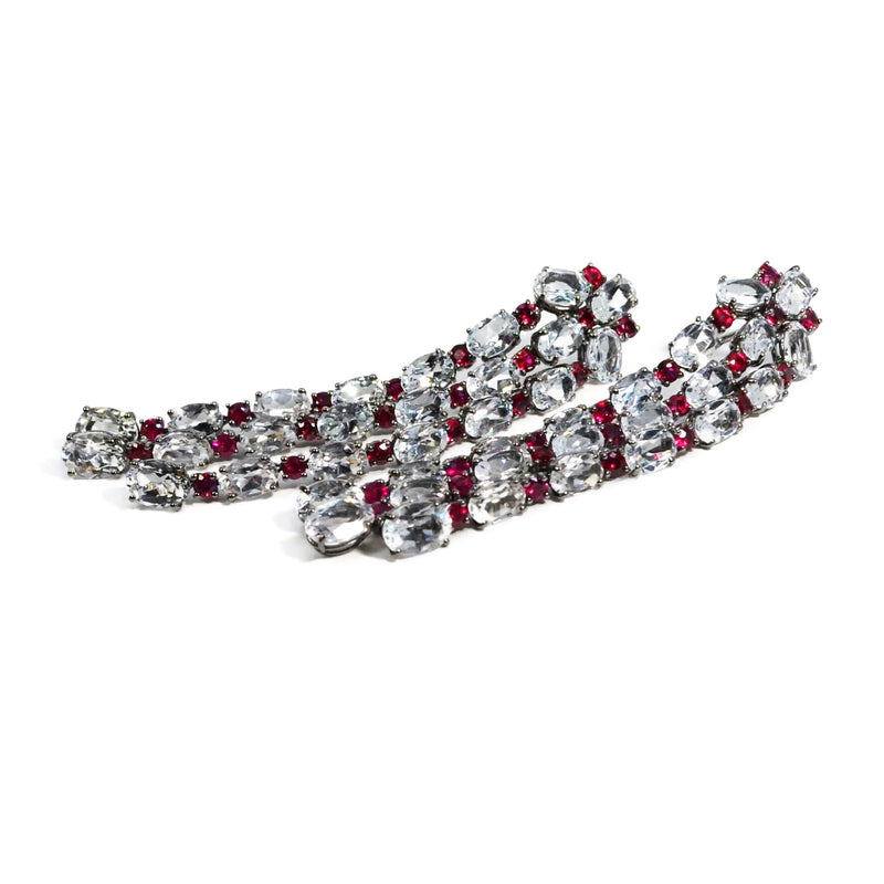 Nightlife - Chandelier Earrings with White Topaz and Rubies, 18k Blackened Gold