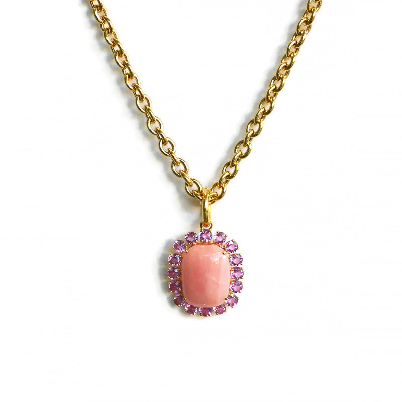 Sole - Pendant with Pink Opal and Pink Sapphires, 18k Yellow Gold