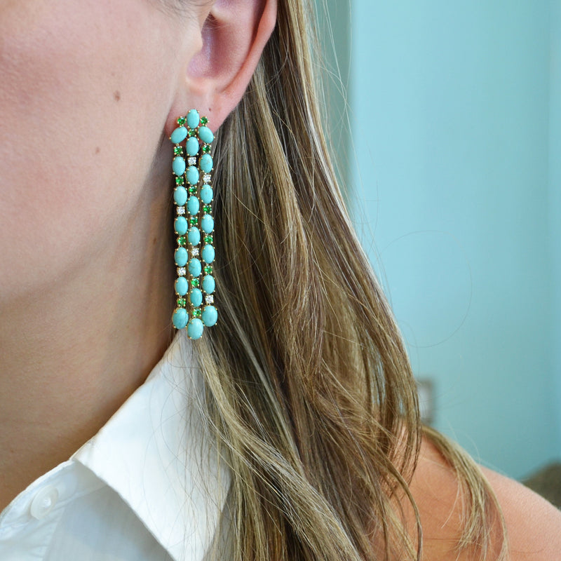 Nightlife - Chandelier Earrings with Turquoise, Tsavorite Garnet and Diamonds, 18k Yellow Gold