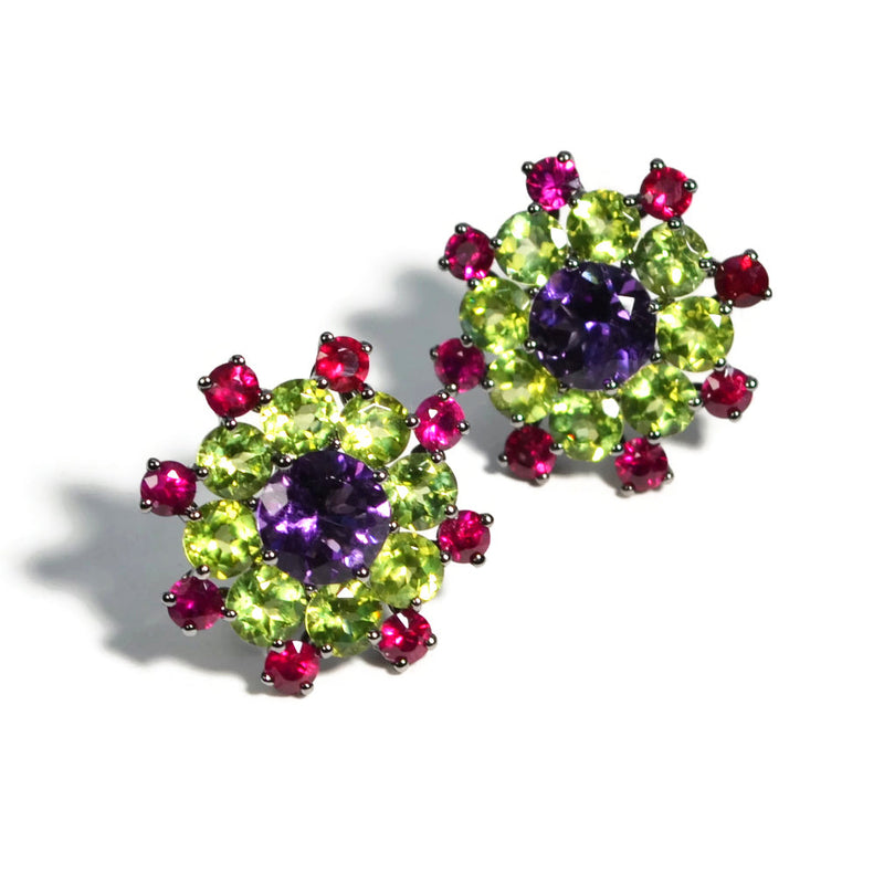 A & Furst - Pop - Earrings with Amethyst, Peridot and Rubies, 18k Blackened Gold
