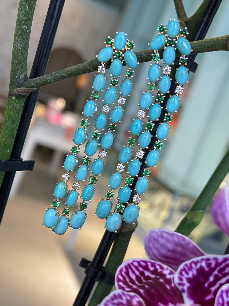 Nightlife - Chandelier Earrings with Turquoise, Tsavorite Garnet and Diamonds, 18k Yellow Gold
