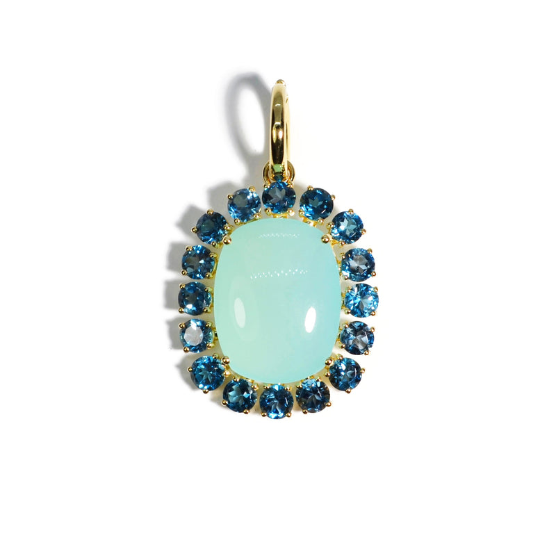 Sole - Pendant with Green Aqua Chalcedony and London Blue Topaz, 18k Yellow Gold