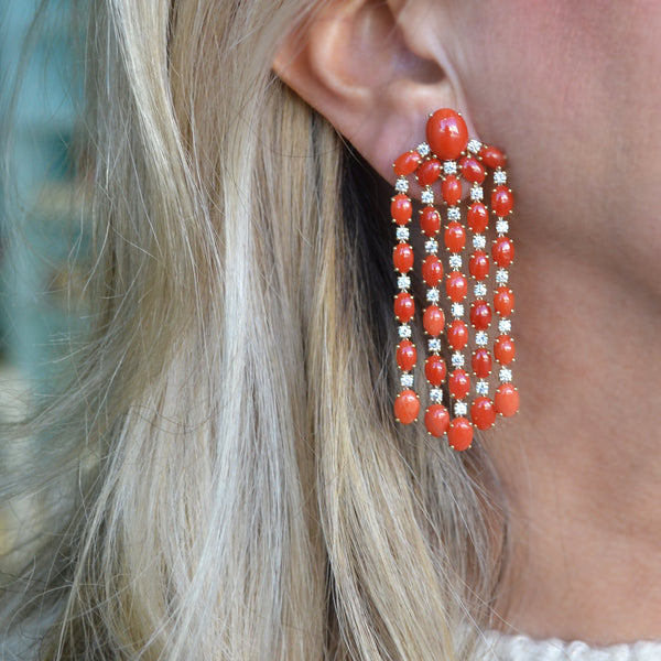 Nightlife - Chandelier Earrings with Red Coral and Diamonds, 18k Yellow Gold