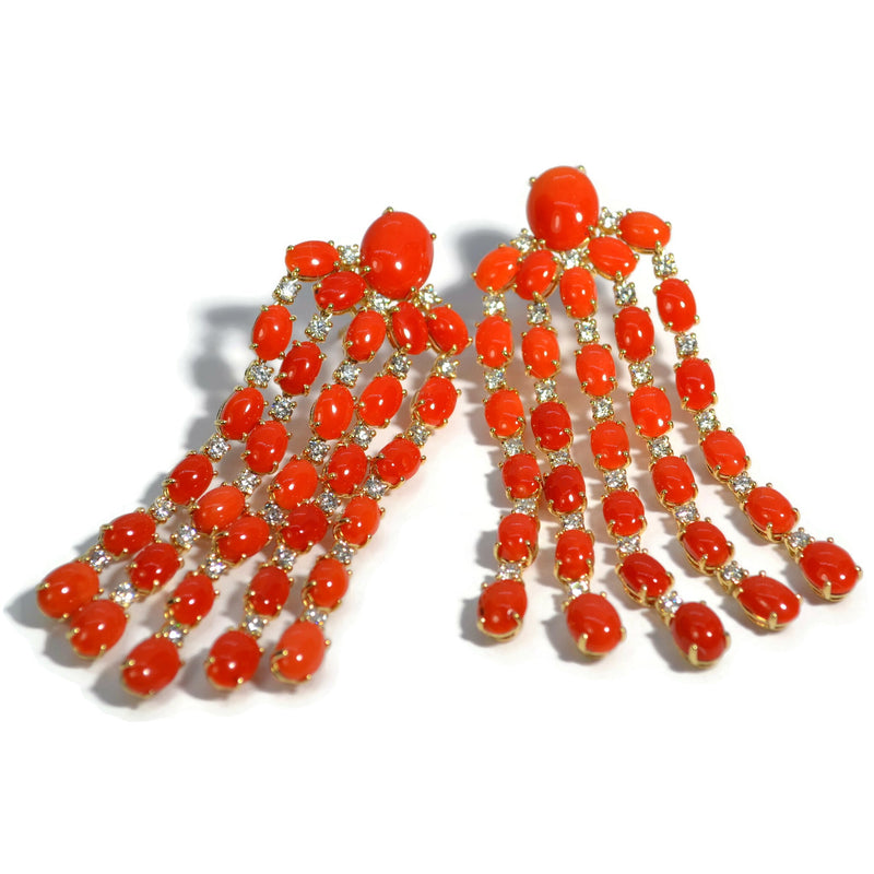 Nightlife - Chandelier Earrings with Red Coral and Diamonds, 18k Yellow Gold