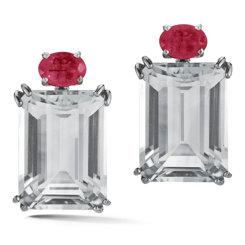 Party - Large Drop Earrings with White Topaz and Rubies, 18k Blackened Gold