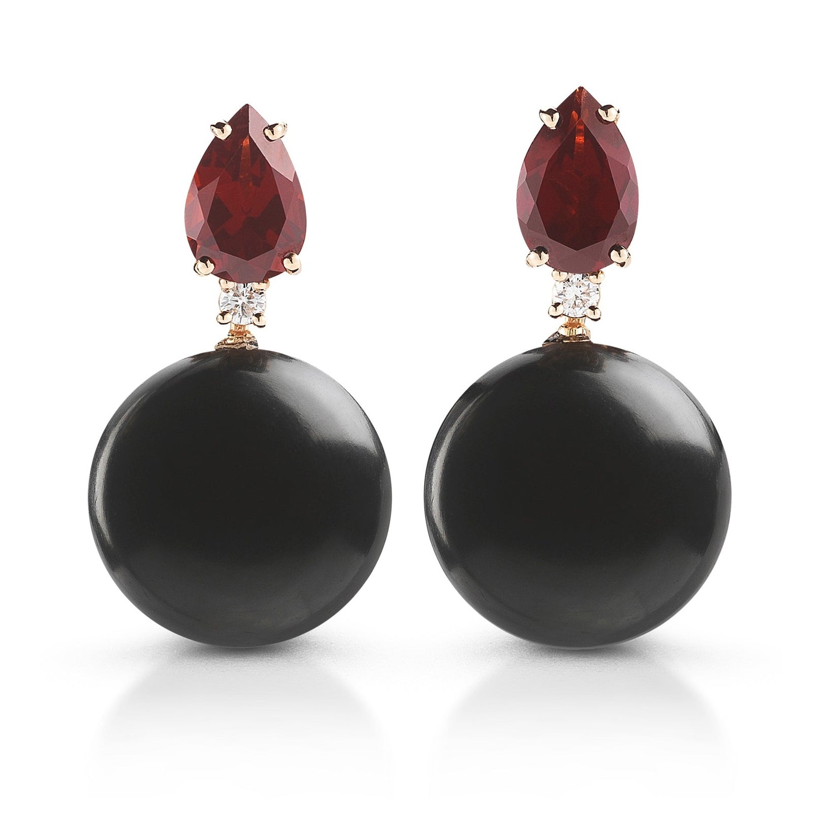 Bonbon Drop Earrings with Rhodolite Garnet, Jet and Diamonds