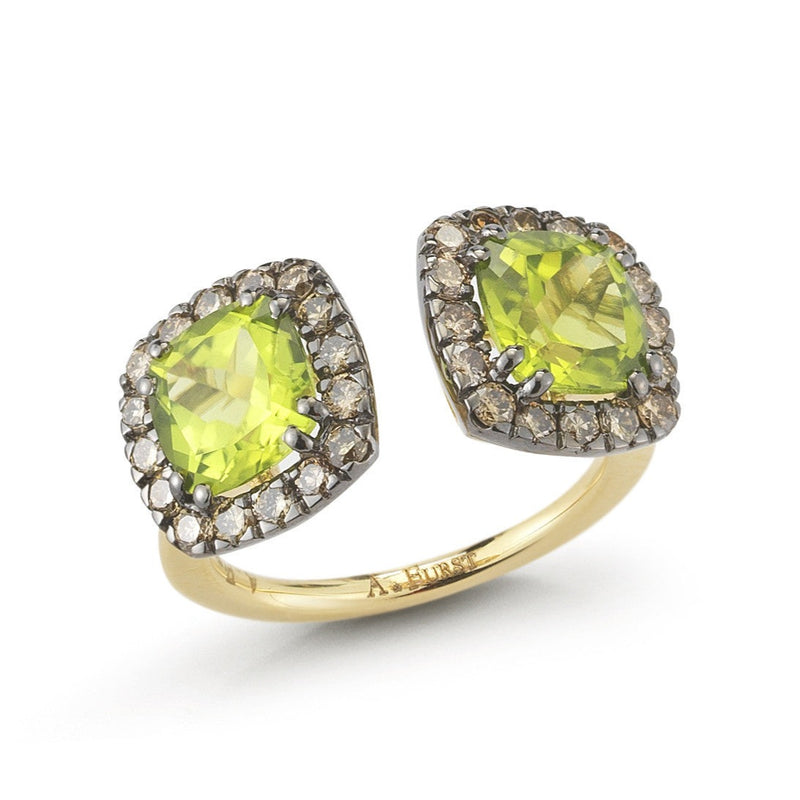 A-FURST-DYNAMITE-DOUBLE-STONES-RING-PERIDOT-BROWN-DIAMONDS-BLACKENED-YELLOW-GOLD-A1322GNOY