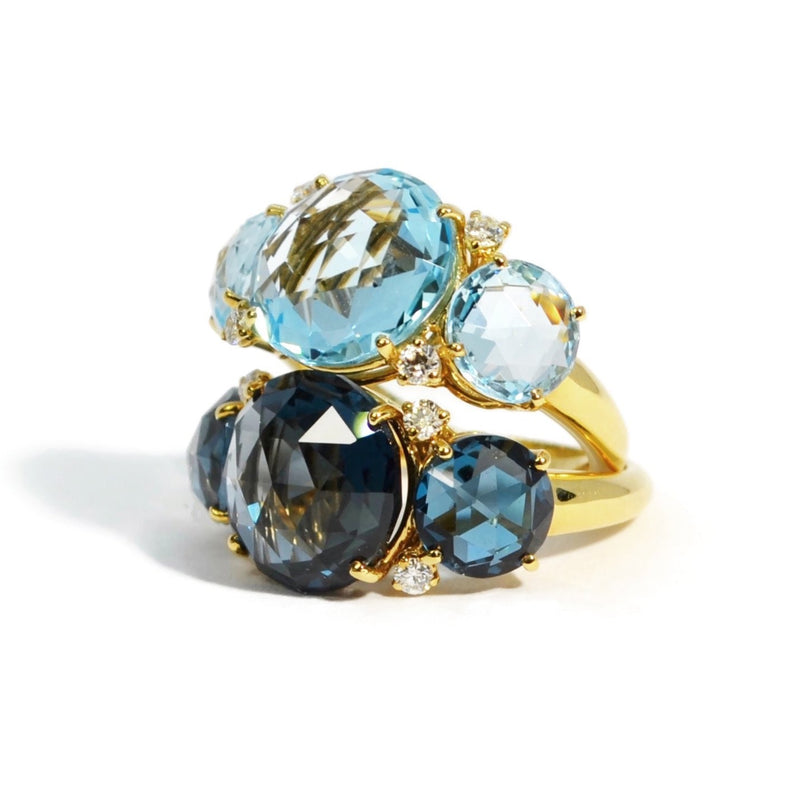 Lilies - Three Stone Ring with London Blue Topaz and Diamonds, 18k Yellow Gold