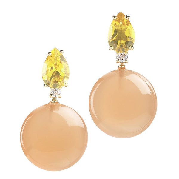 Bonbon - Drop Earrings with Citrine, Peach Moonstone and Diamonds, 18k Yellow Gold