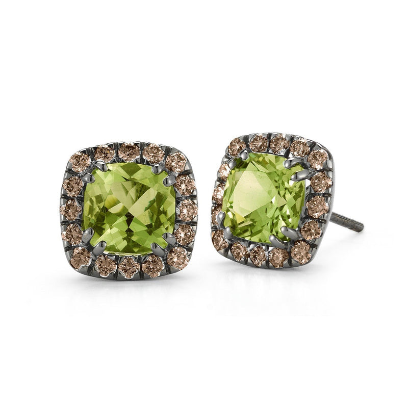 Dynamite - Stud Earrings with Peridot and Brown Diamonds, 18k Blackened Gold