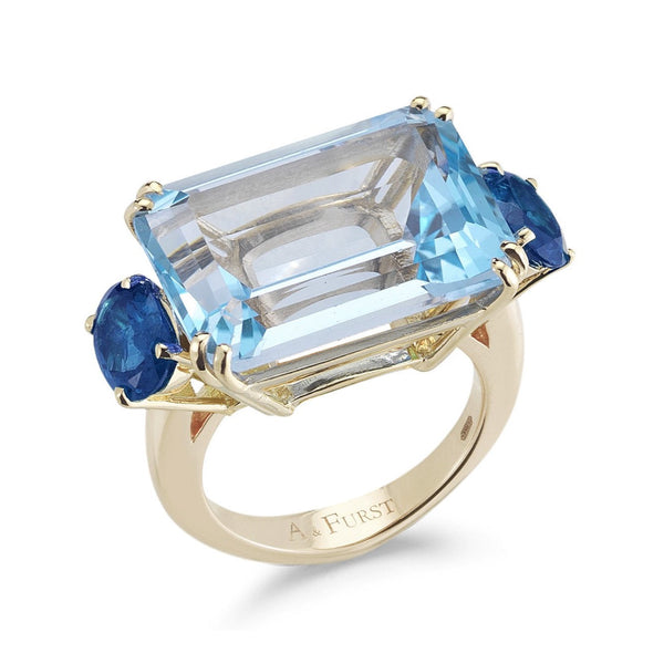 Party - Cocktail Ring with Blue Topaz and Blue Sapphires, 18k Yellow Gold