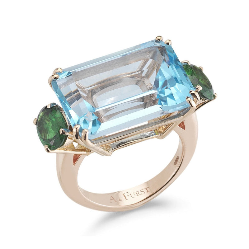 Party - Cocktail Ring with Blue Topaz and Tsavorite Garnet, 18k Rose Gold
