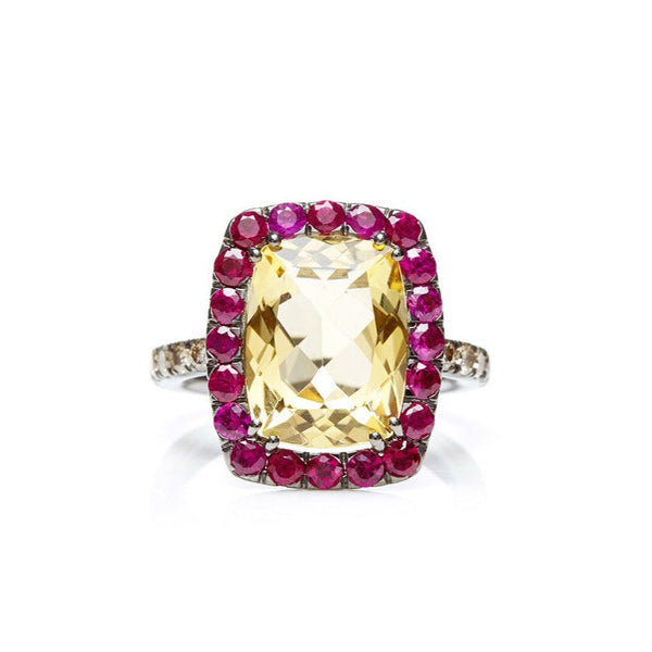 Dynamite - Cocktail Ring with Citrine, Rubies and Light Brown Diamonds, 18k Blackened Gold
