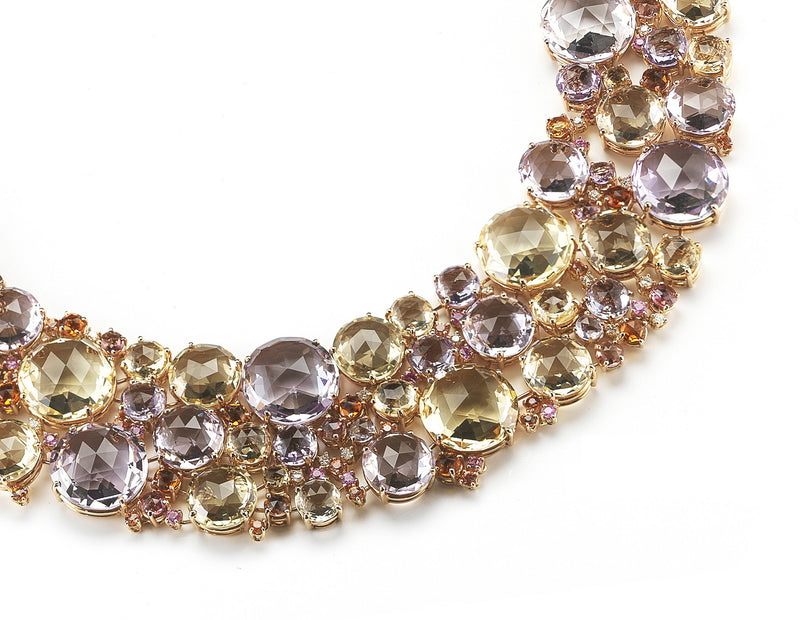 Bouquet - Bib Necklace with Rose de France, Citrine, Pink Tourmaline, Orange and Pink Sapphires and Diamonds, 18k Rose Gold.