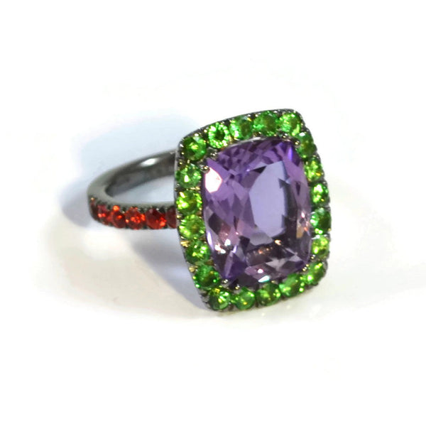 Dynamite - Cocktail Ring with Amethyst, Tsavorite Garnet, Orange Sapphires, 18k Blackened Gold