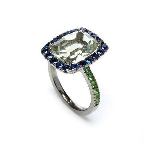 A-FURST-DYNAMITE-COCKTAIL-RING-PRASIOLITE-BLUE-SAPPHIRES-TSAVORITE-BLACKENED-GOLD- A1301NP4TS