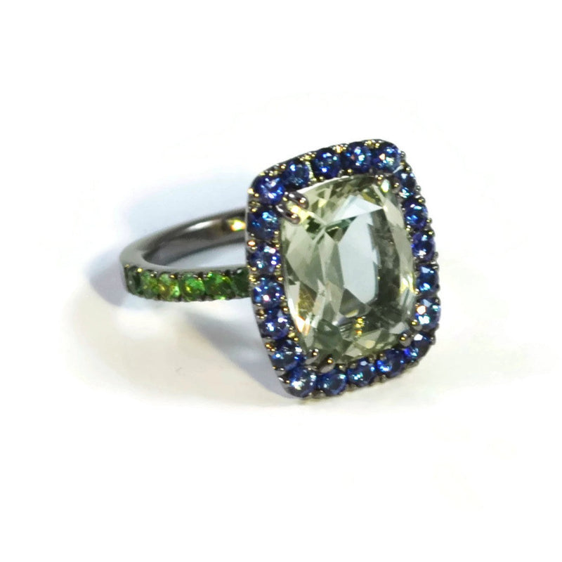 A-FURST-DYNAMITE-COCKTAIL-RING-PRASIOLITE-BLUE-SAPPHIRES-TSAVORITE-BLACKENED-GOLD- A1301NP4TS