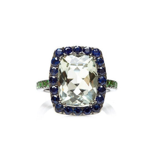 A-FURST-DYNAMITE-COCKTAIL-RING-PRASIOLITE-BLUE-SAPPHIRES-TSAVORITE-BLACKENED-GOLD- A1301NP4TS