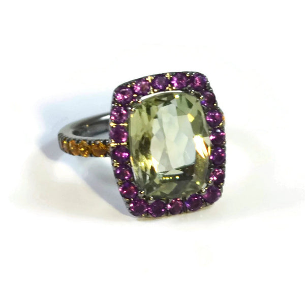 Dynamite - Cocktail  Ring with Prasiolite, Amethyst and Yellow Sapphires, 18k Blackened Gold