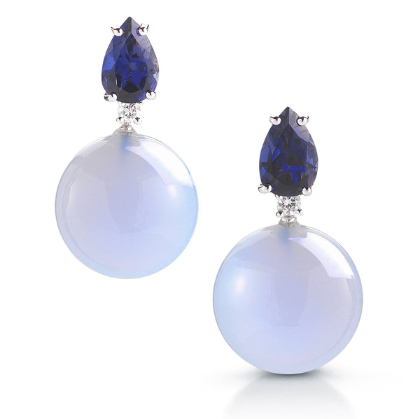 Bonbon - Drop Earrings with Iolite, Chalcedony and Diamonds, 18k White Gold