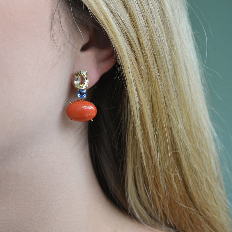 Party - Drop Earrings with Aquamarine, Heliodor, Sapphires and Natural Red Coral, 18k Yellow Gold