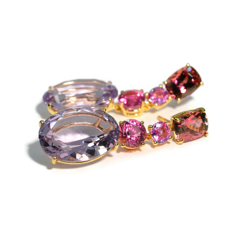 Party - Drop Earrings with Pink Tourmaline, Pink Sapphires and Rose de France, 18k Yellow Gold