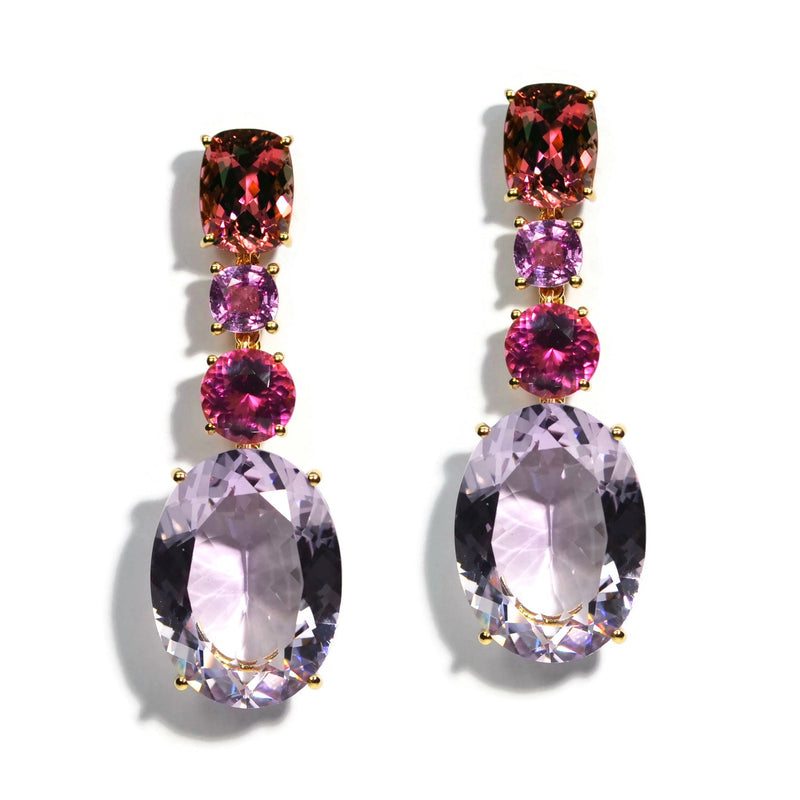 Party - Drop Earrings with Pink Tourmaline, Pink Sapphires and Rose de France, 18k Yellow Gold