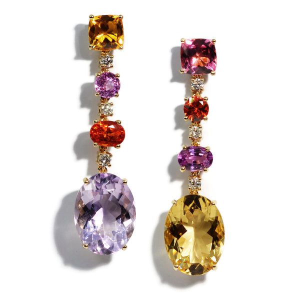a-furst-party-mismatched drop-earrings-pink-tourmaline-sapphire-orange-sapphire-citrine-diamonds-yellow-gold-O1564GCCRF