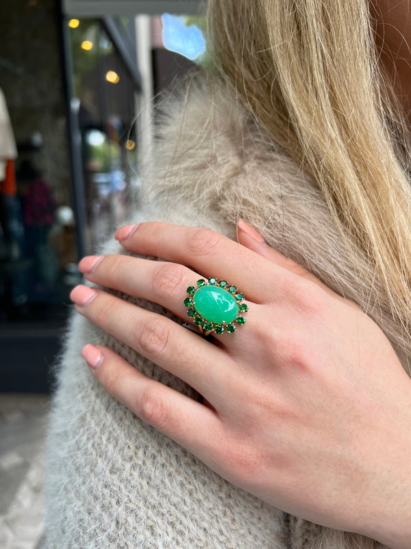 Sole - Cocktail Ring with Natural Chrysoprase and Tsavorite Garnet, 18k Yellow Gold