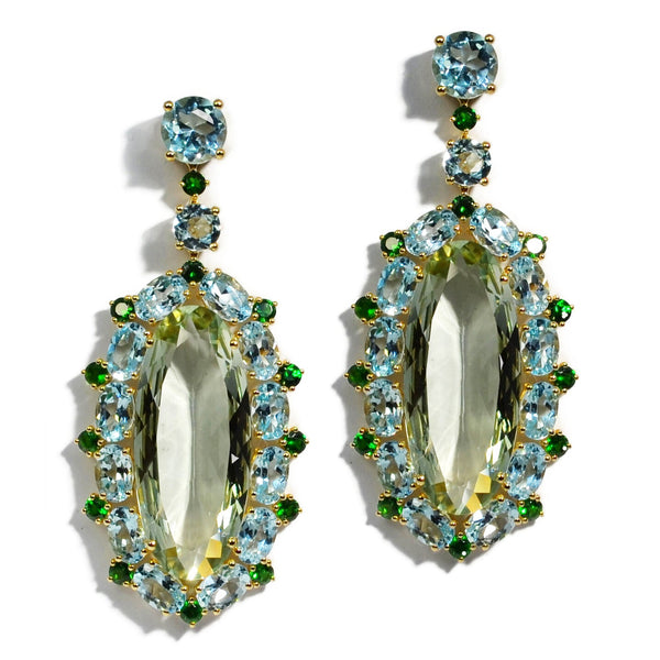 Sole - Drop Earrings with Prasiolite, Sky Blue Topaz and Tsavorite, 18k Yellow Gold